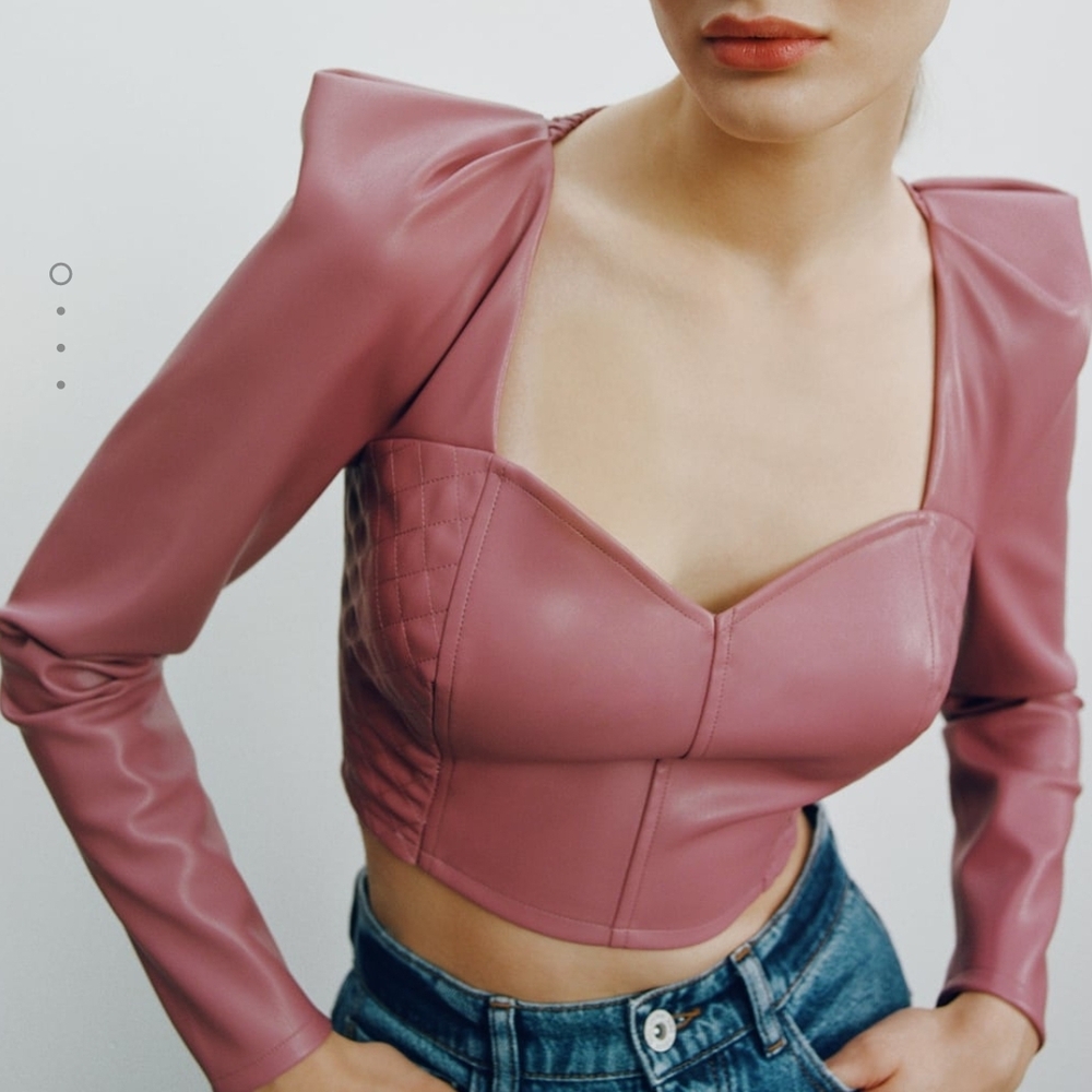 Zara Pink Long Sleeve Crop Top with Sweetheart Neckline and Fitted Bustier Style